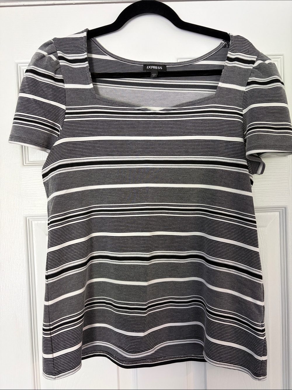 Express Gray & White Striped Square-Neck Short Sleeve Top